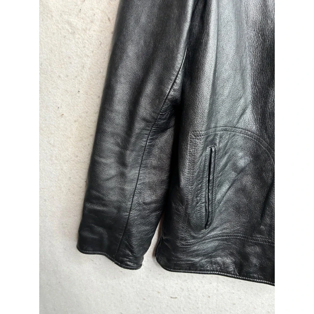Colebrook & Co Black Leather Jacket Mens XL Button Front Burgundy Lining 8215